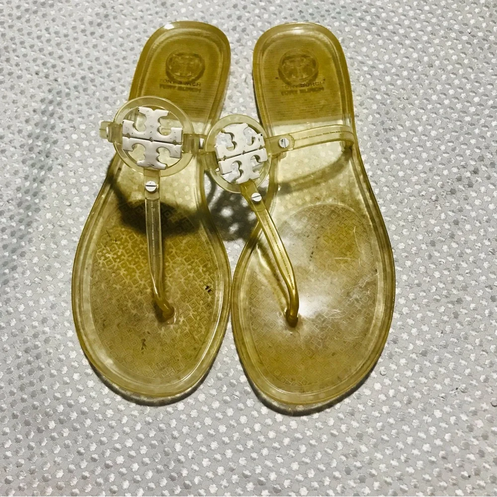TORY BURCH clear jelly sandals white logo SIZE 9 womens